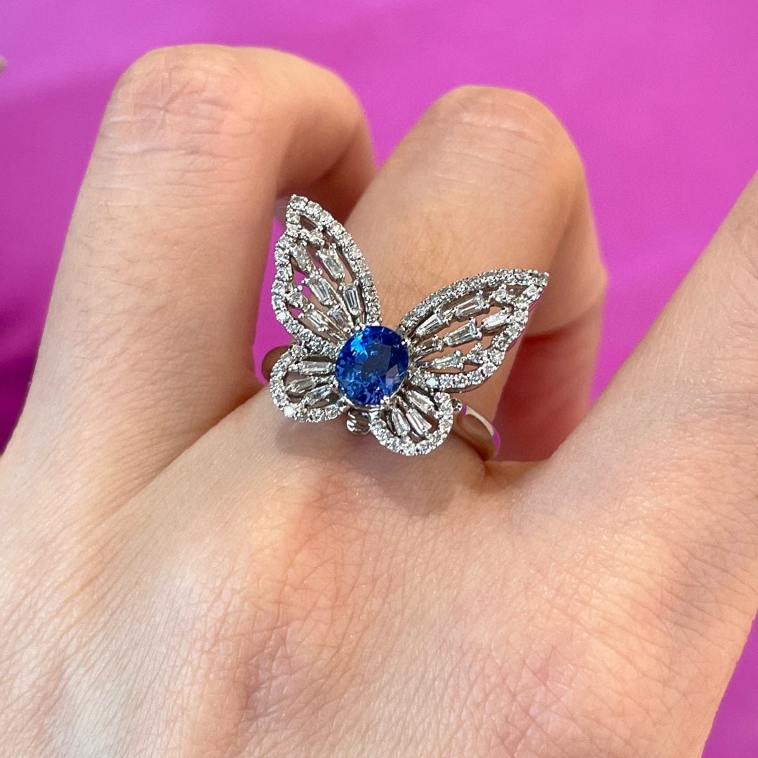 14k Gold 1 Ct Natural Sapphire & Diamond & Butterfly Ring - 6