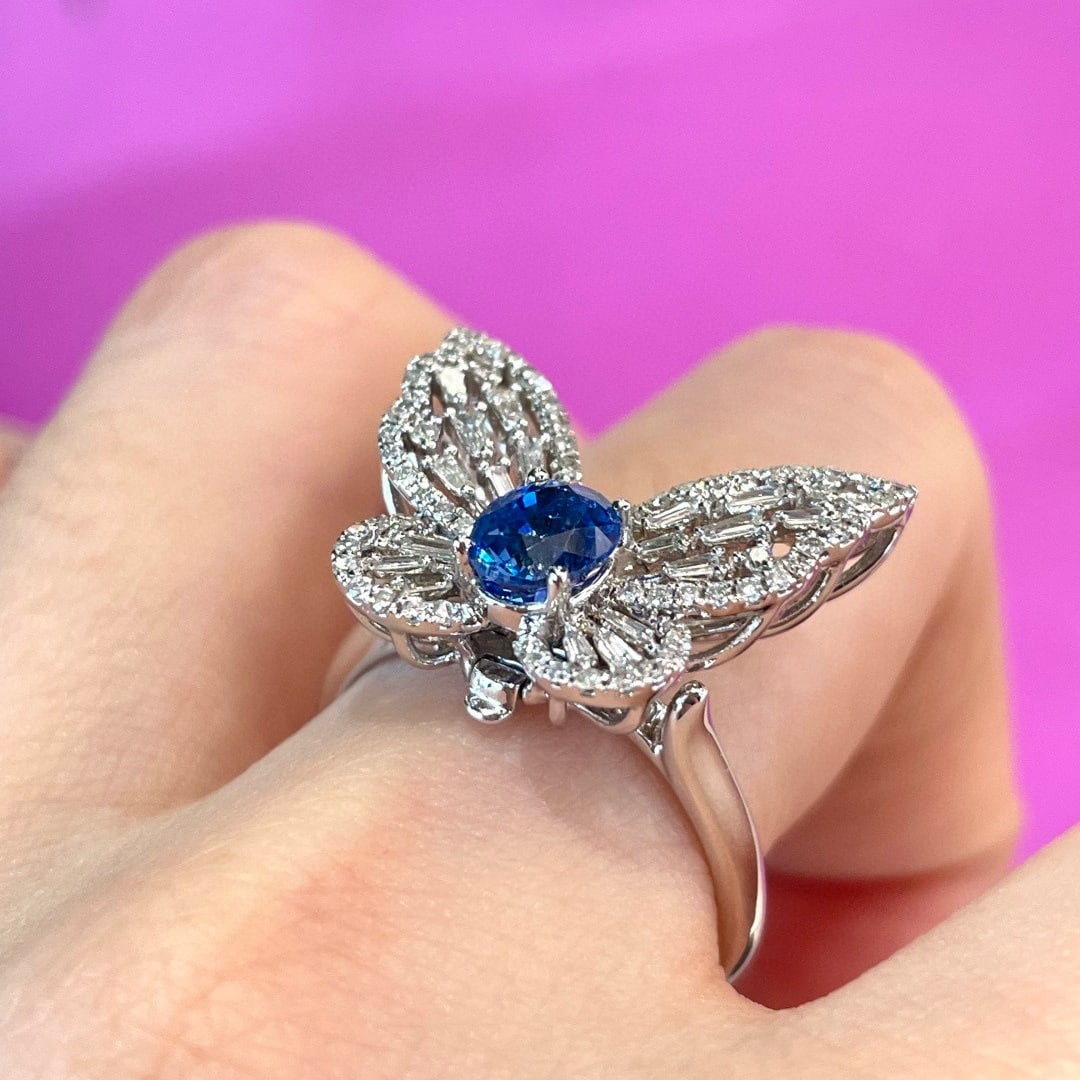 14k Gold 1 Ct Natural Sapphire & Diamond & Butterfly Ring - 7
