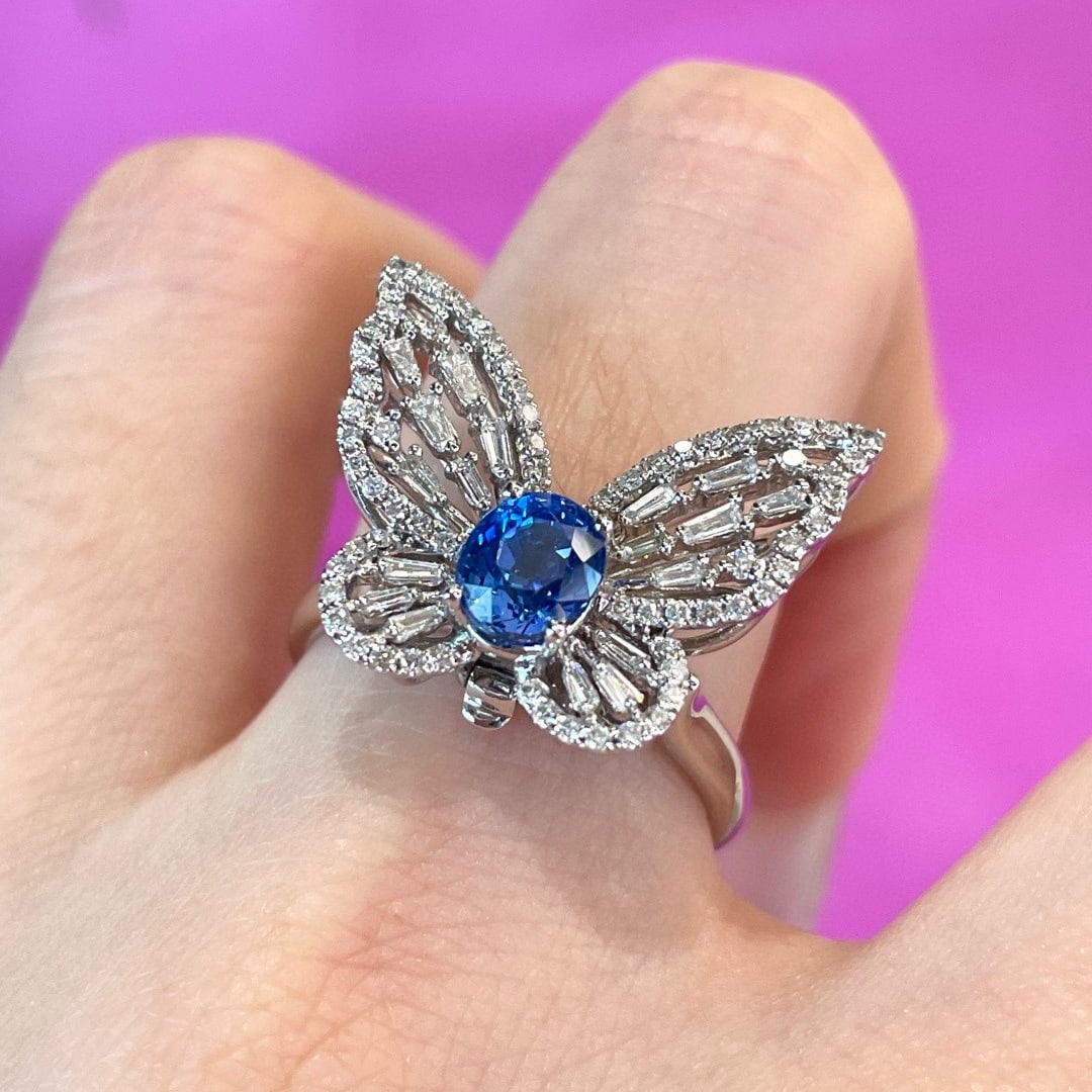 14k Gold 1 Ct Natural Sapphire & Diamond & Butterfly Ring - 8