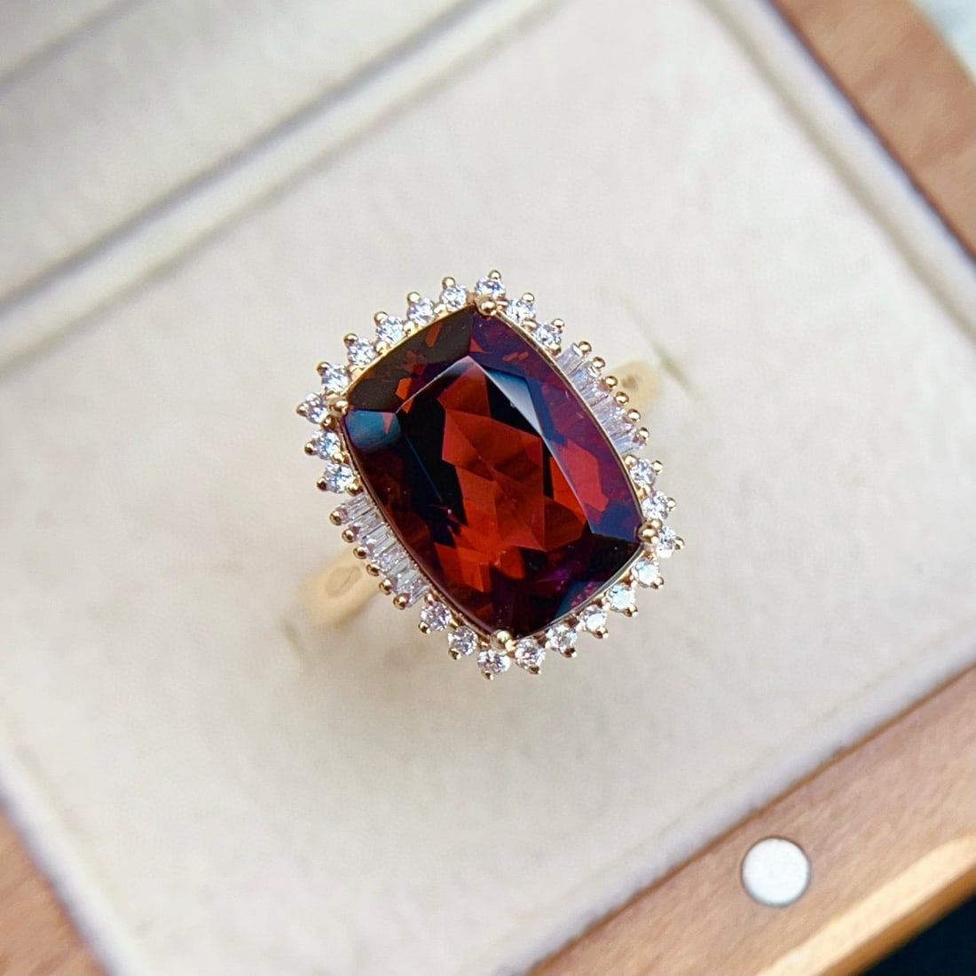 14k Gold 6.47 Ctw Natural Tourmaline & Diamond Ring: Ref:231086320 // gold content:14k gold // ring size:7. 25us // // main gemstone:tourmaline // shape:cushion // carat weight:5. 55ct // color:red // treatment:natural // // adjacent gemstone 2 :