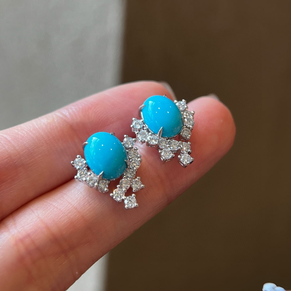 14k Gold 4.20 Ctw Natural Blue Turquoise & Lab Grown Diamond Earrings - 2