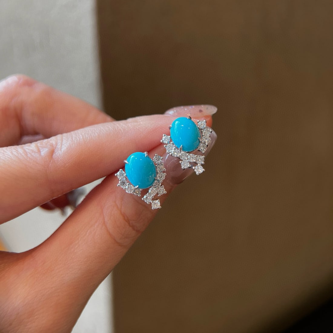 14k Gold 4.20 Ctw Natural Blue Turquoise & Lab Grown Diamond Earrings - 3