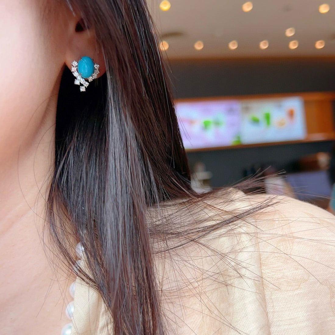 14k Gold 4.20 Ctw Natural Blue Turquoise & Lab Grown Diamond Earrings - 4