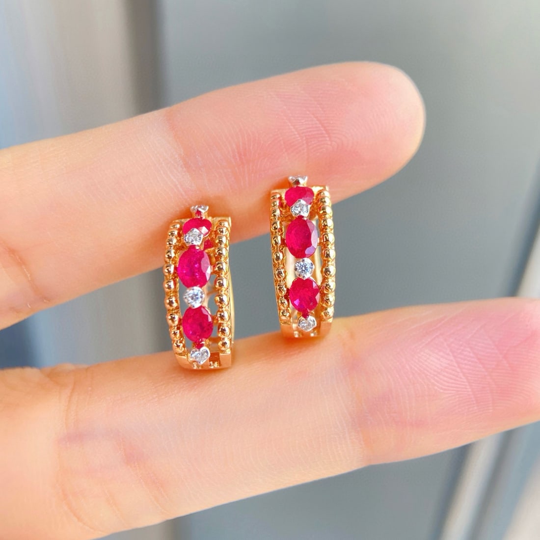 14k Gold 1.15 Ctw Natural Ruby & Diamond Earrings - 2