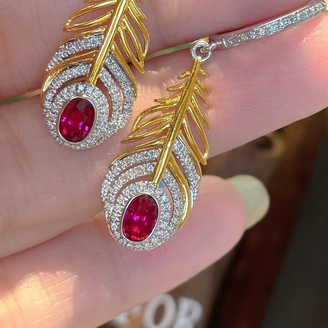 14k Gold 0.65 Ct Natural Ruby & Diamond Earrings - 2