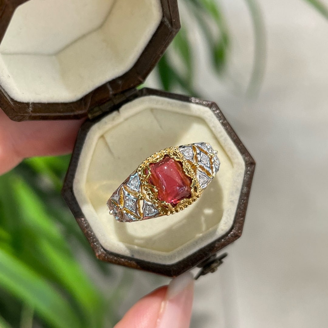 14k Gold 1.3 Ct Natural Tourmaline & Diamond Ring: Ref:231086335 // gold content:14k gold // ring size:7. 25us // // main gemstone:tourmaline // shape:cushion // carat weight:1. 3ct // color:red // treatment:natural // // adjacent gemstone 2 :