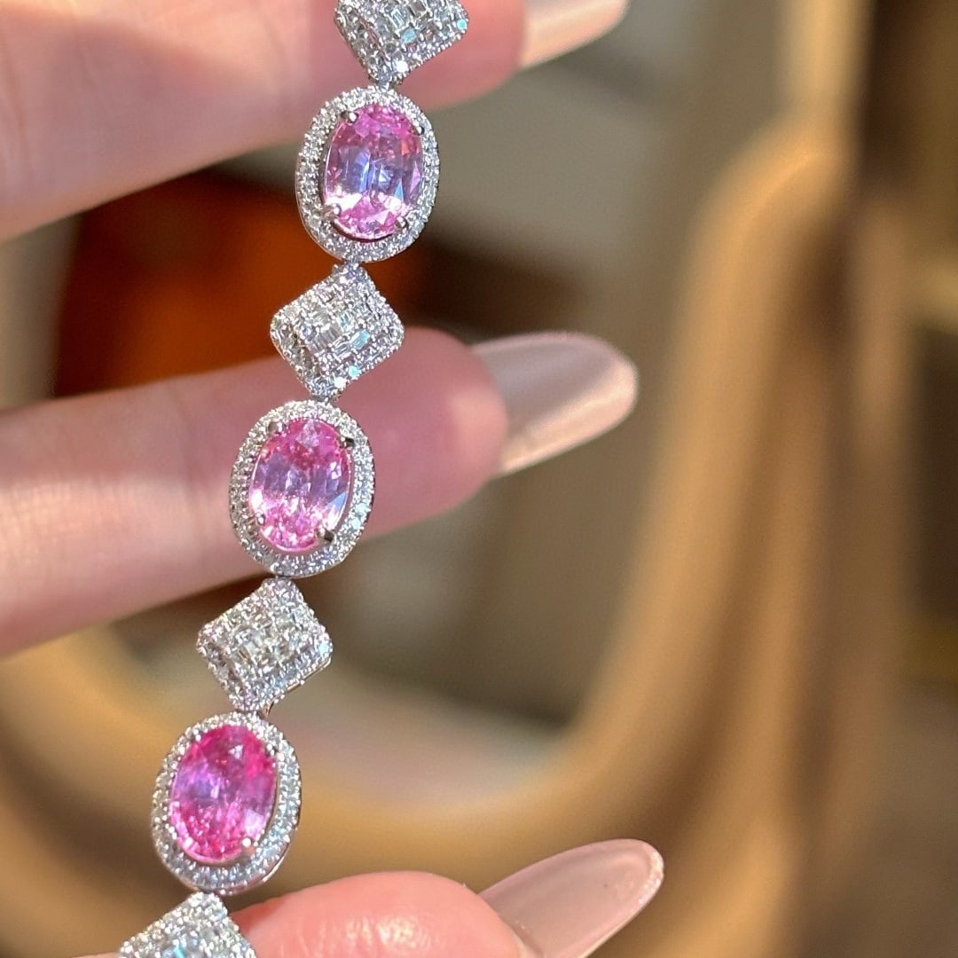 14k Gold 10.38 Ctw Natural Padparadscha Sapphire & Diamond Bracelet (1 of 8)