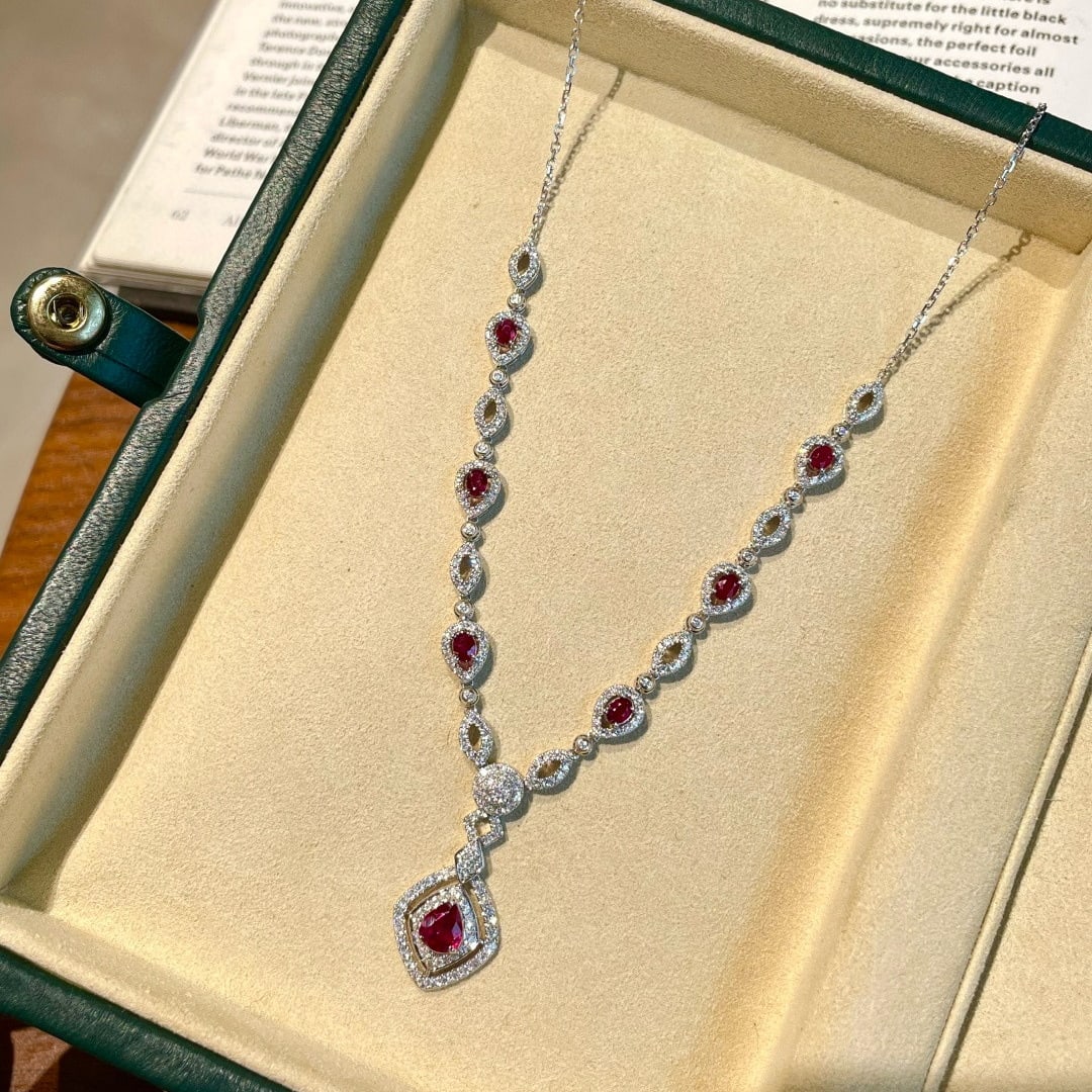 14k Gold 2.20 Ctw Natural Ruby & Diamond Necklace: Ref:231086370 // gold content:14k gold // main gemstone:ruby // shape:multiple // carat weight:1. 20ct // color:red // treatment:natural // // adjacent gemstone 2 : diamond // shape:round // carat