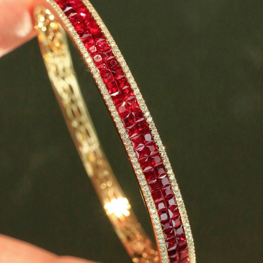 14k Gold 5.48 Ctw Vivid Red Natural Ruby & Diamond Bangle - 2