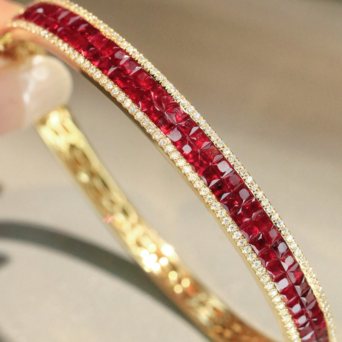 14k Gold 5.48 Ctw Vivid Red Natural Ruby & Diamond Bangle - 8