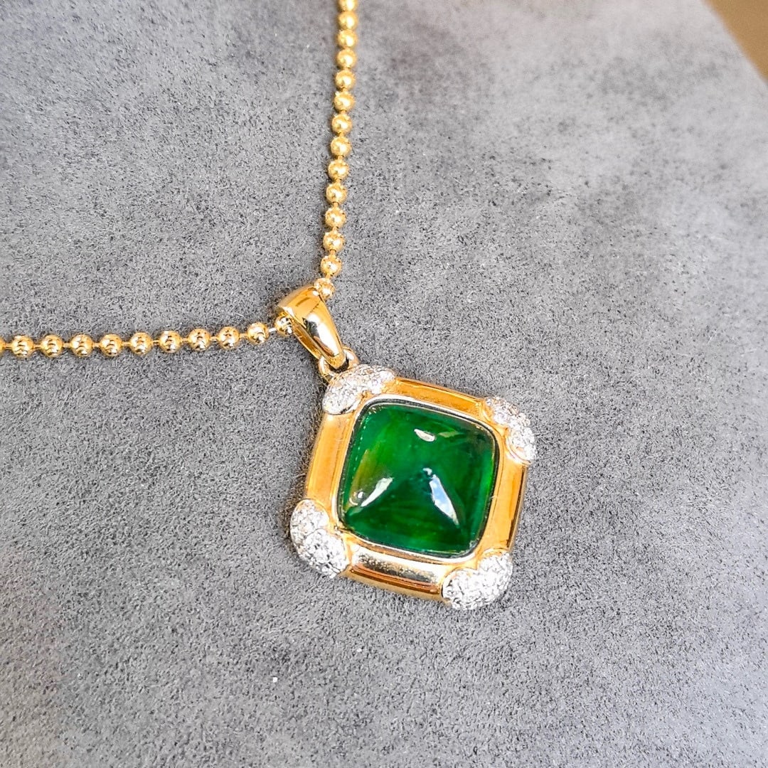 14k Gold 3.54 Ctw Vivid Green Natural Emerald & Diamond Pendant( Without Chain ): Ref:231086377 // gold content:14k gold // main gemstone:emerald // shape:sugar-loaf // carat weight:3. 32ct // color:vivid green // treatment:natural // // adjacent gemstone 2 : diamond // shape:round