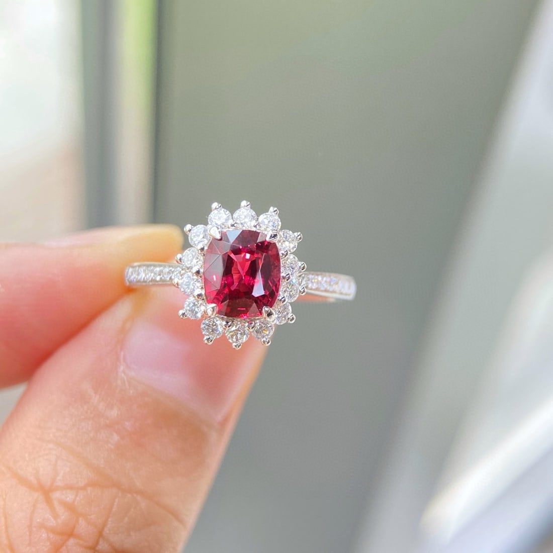 14k Gold 1.49 Ctw Natural Spinel & Diamond Ring: Ref:231086381 // gold content:14k gold // ring size:7. 25us // // main gemstone:spinel // shape:cushion // carat weight:1. 14ct // color:red // treatment:natural // // adjacent gemstone 2 : diamond //