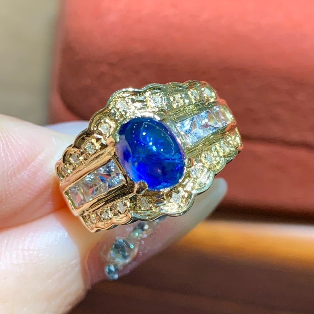 14k Gold 2.35 Ctw Natural Sapphire & Diamond Ring: Ref:231086386 // gold content:14k gold // ring size:7. 25us // // main gemstone:sapphire // shape:oval // carat weight:2. 25ct // color:blue // treatment:natural // // adjacent gemstone 2 :