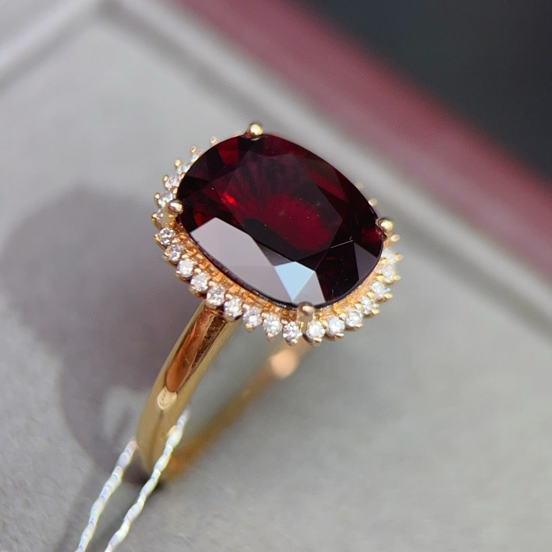 14k Gold 3.41 Ctw Natural Tourmaline & Diamond Ring: Ref:231086393 // gold content:14k gold // ring size:7. 25us // // main gemstone:tourmaline // shape:cushion // carat weight:3. 25ct // color:red // treatment:natural // // adjacent gemstone 2 :