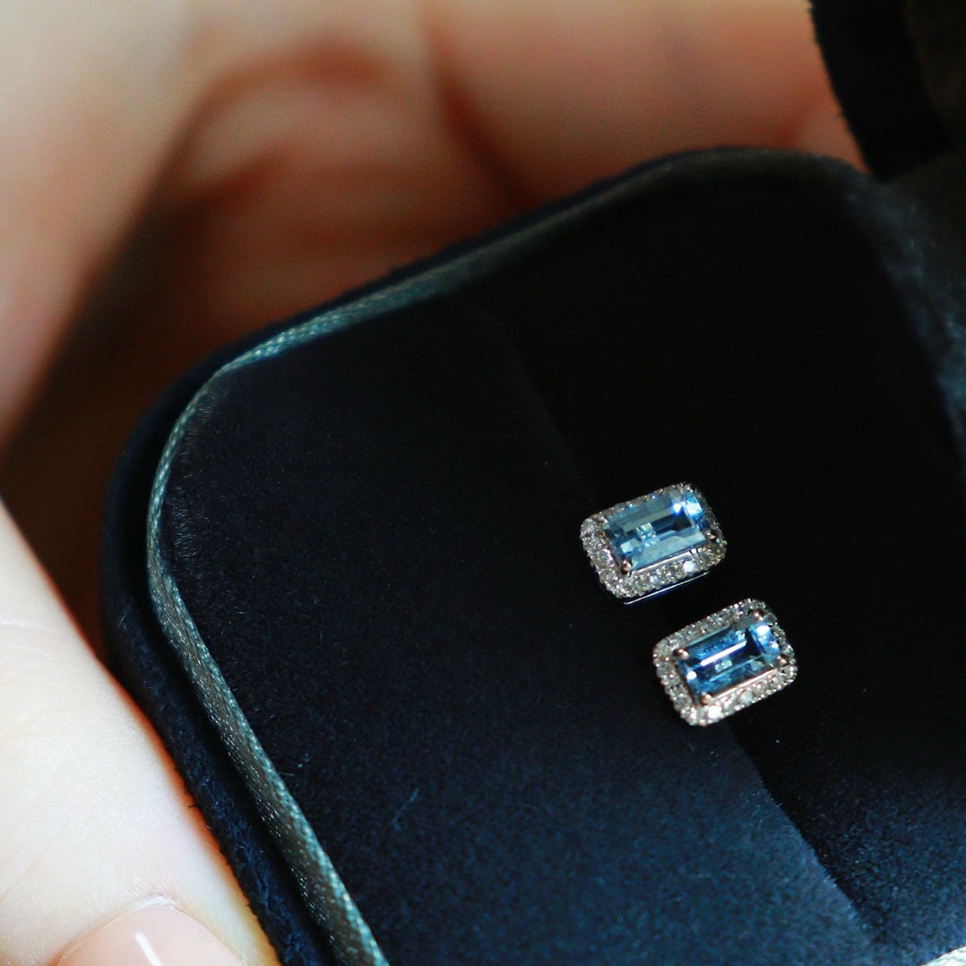 14k Gold 1.00 Ct Natural Aquamarine & Diamond Earrings - 4