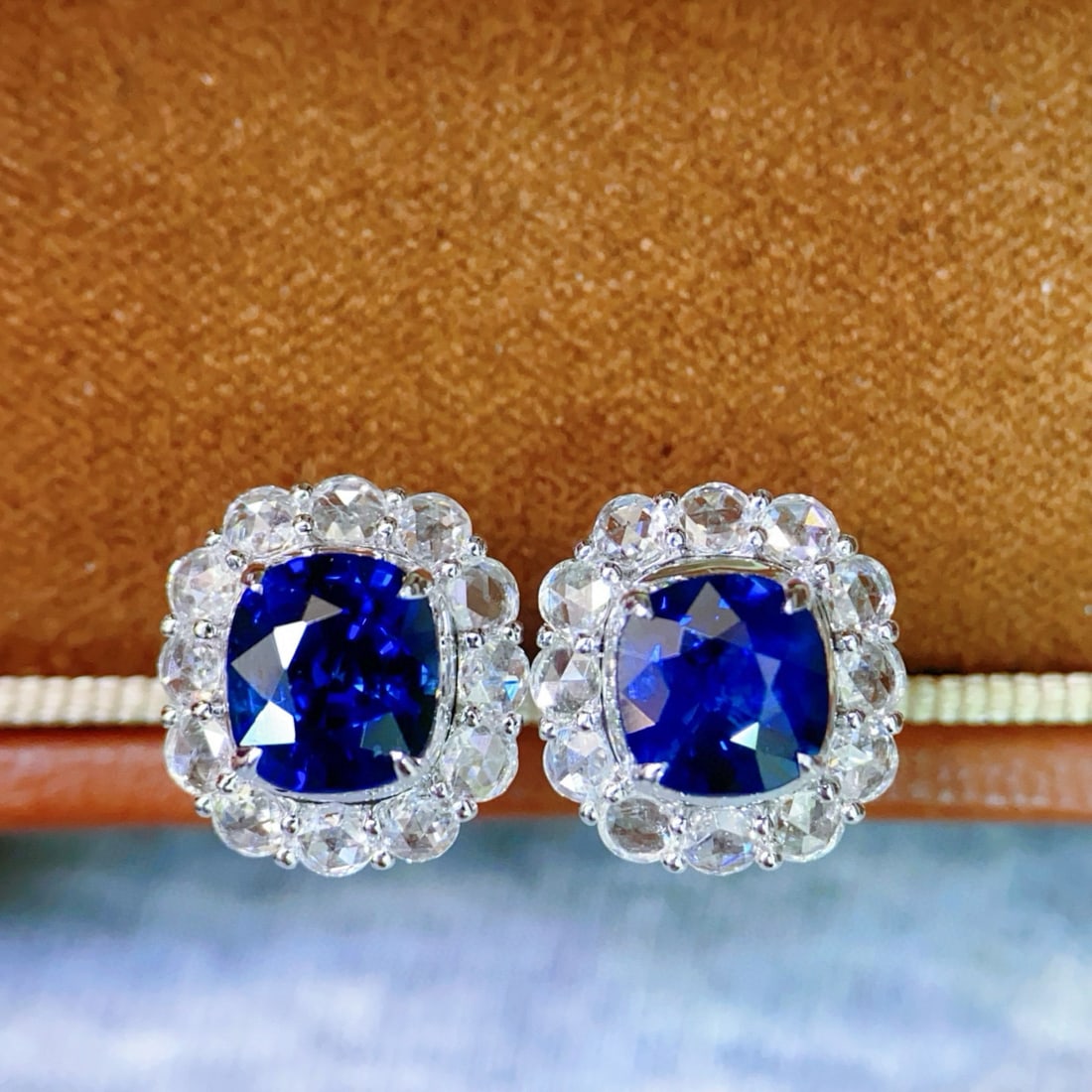 14k Gold 3.67 Ctw Natural Sapphire & Diamond Earrings: Ref:231086400 // gold content:14k gold // main gemstone:sapphire // shape:cushion // carat weight:2. 91ct // color:royal blue // treatment:natural // // adjacent gemstone 2 : diamond // shape:round