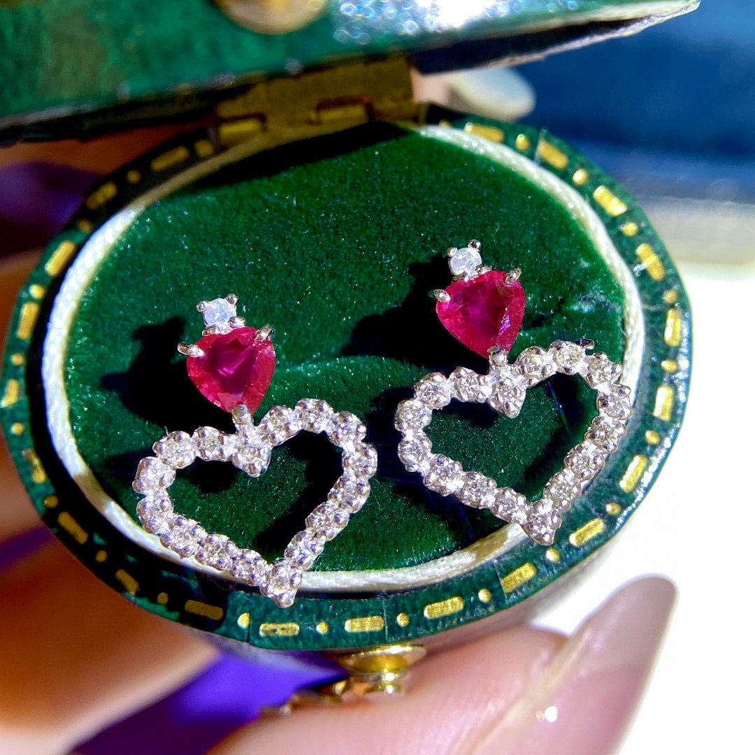 14k Gold 0.64 Ctw Natural Ruby & Diamond Earrings - 2