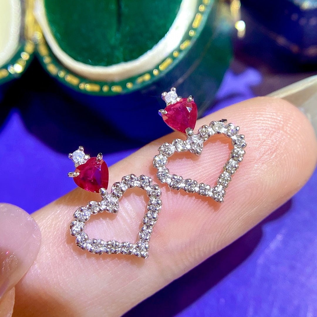 14k Gold 0.64 Ctw Natural Ruby & Diamond Earrings - 4