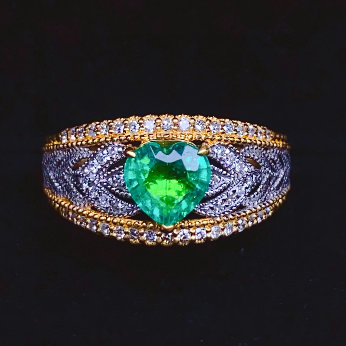14k Gold 0.75 Ct Natural Emerald & Diamond Ring - 3