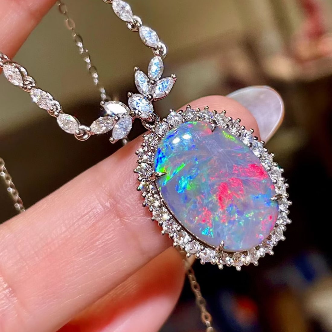 14k Gold 8.17 Ctw Natural Opal & Diamond Necklace - 2