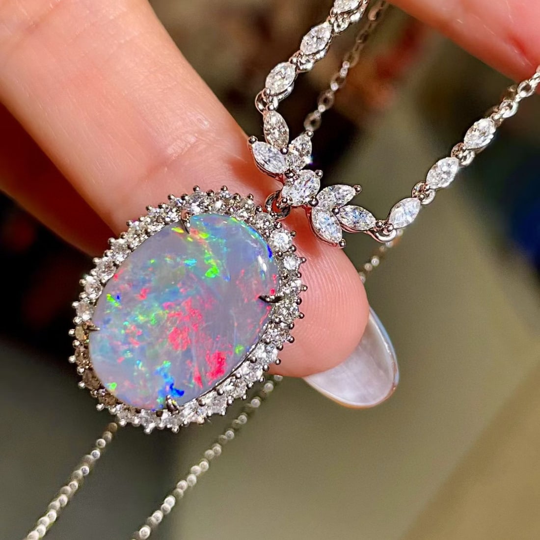 14k Gold 8.17 Ctw Natural Opal & Diamond Necklace - 3