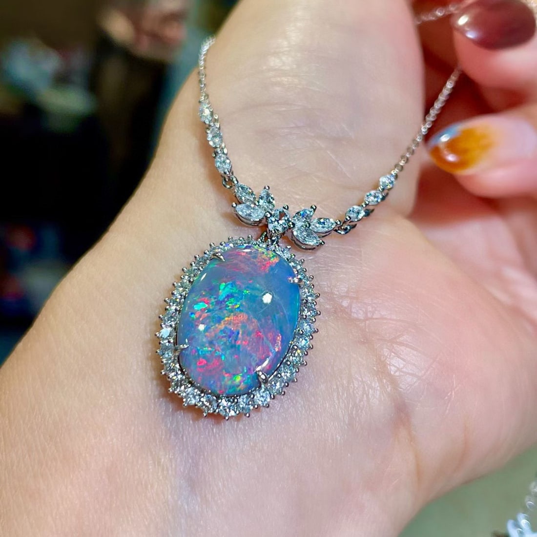 14k Gold 8.17 Ctw Natural Opal & Diamond Necklace - 4