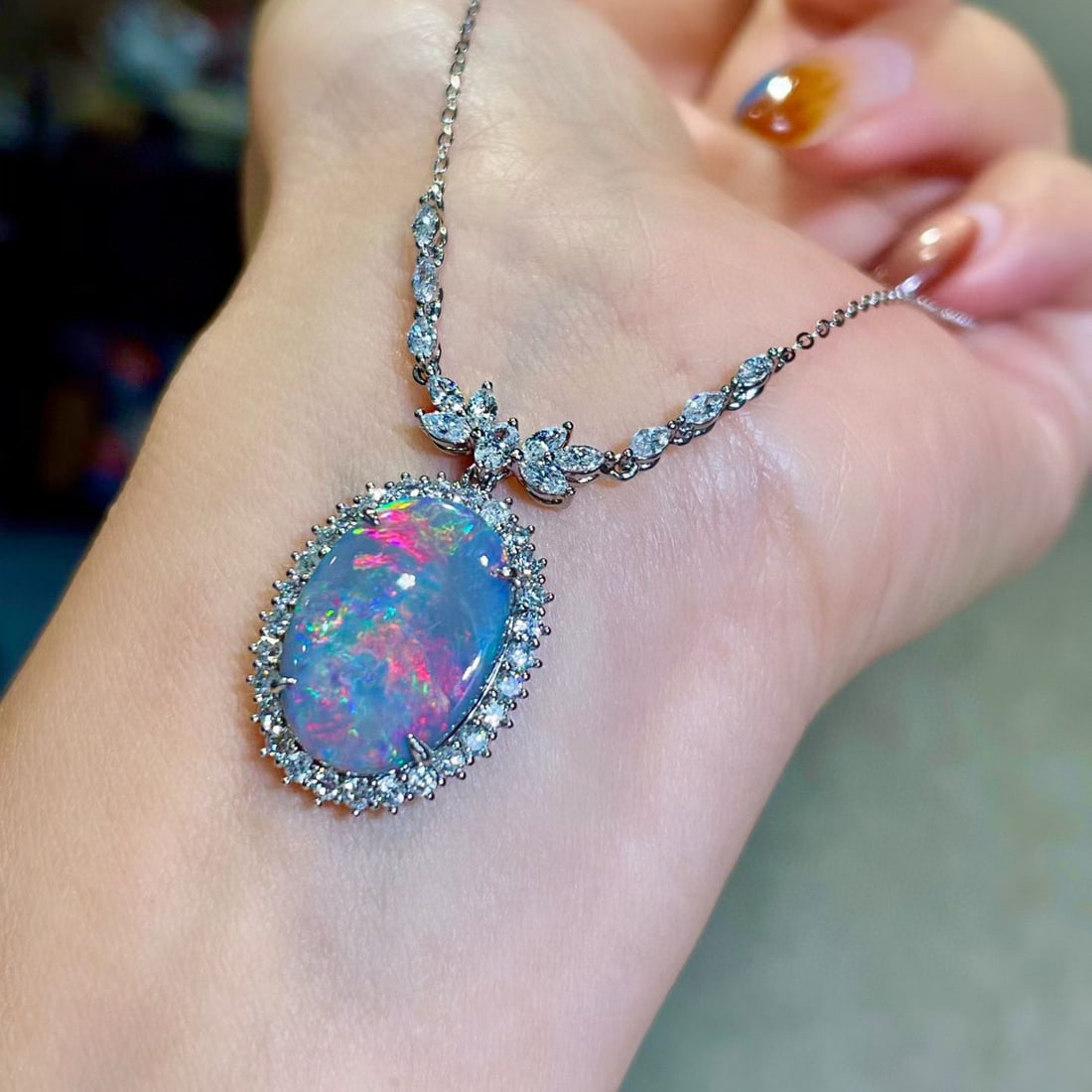 14k Gold 8.17 Ctw Natural Opal & Diamond Necklace - 5