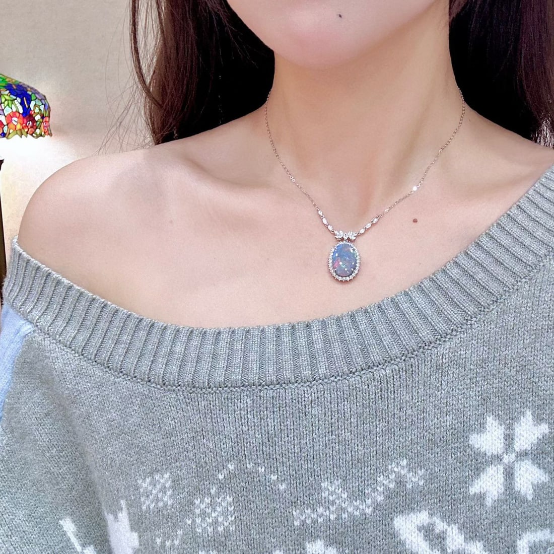 14k Gold 8.17 Ctw Natural Opal & Diamond Necklace - 6