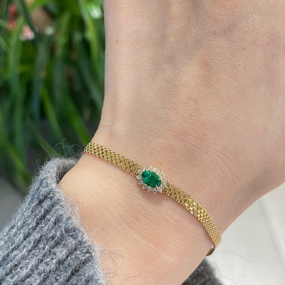 14k Gold 0.43 Ct Vivid Green Natural Emerald & Diamond Bracelet - 2