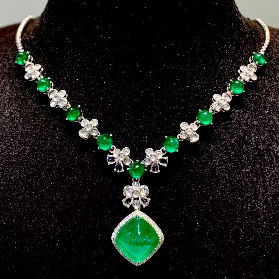 14k Gold 6.3 Ct Vivid Green Natural Emerald & Diamond & Sapphire Necklace (1 of 7)