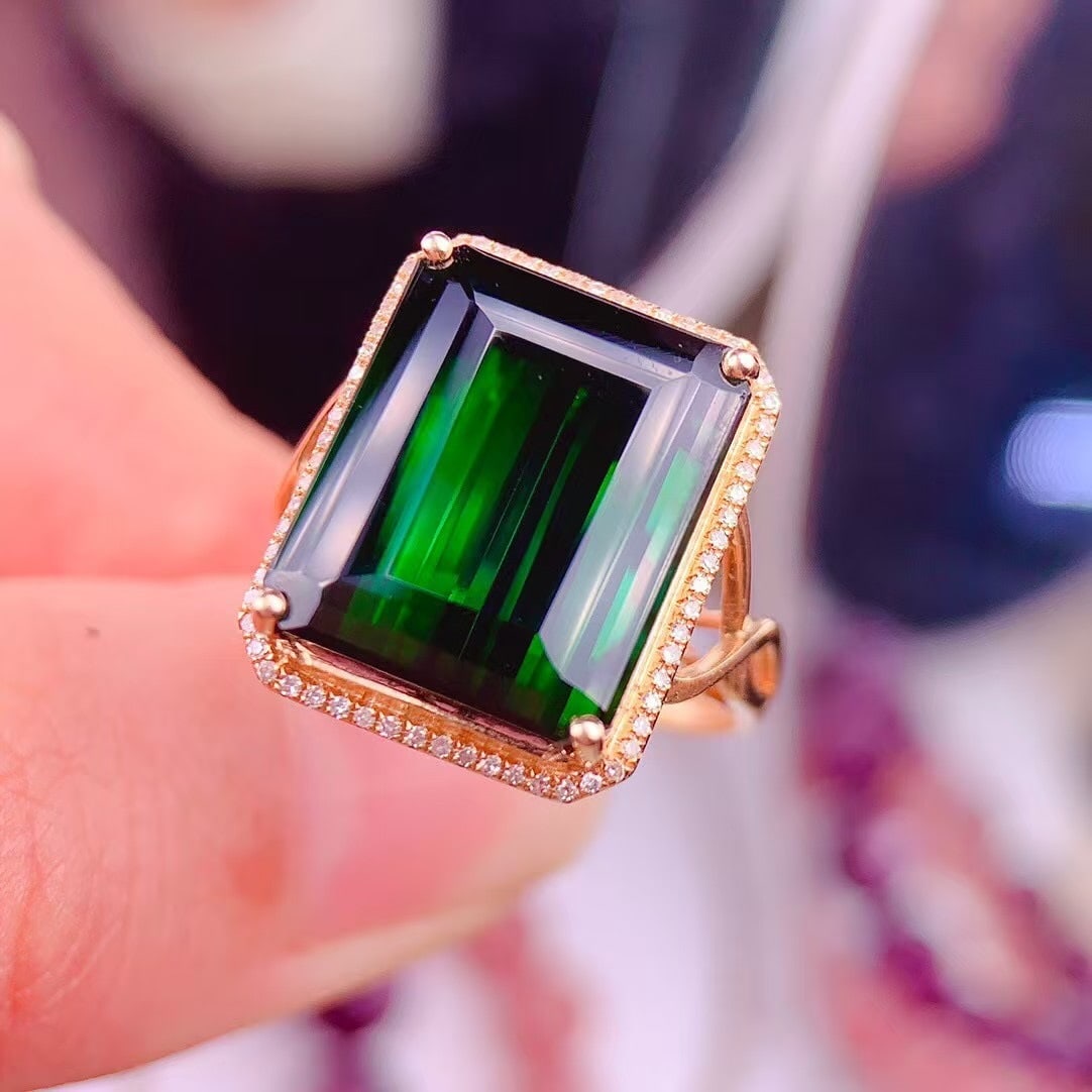 14k Gold 14 Ct Natural Tourmaline & Diamond Ring - 2