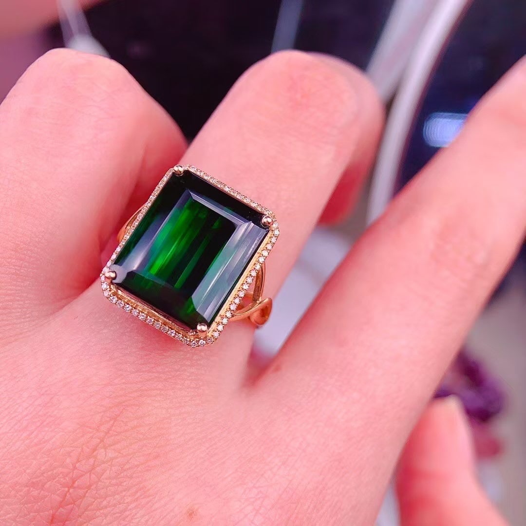 14k Gold 14 Ct Natural Tourmaline & Diamond Ring - 6