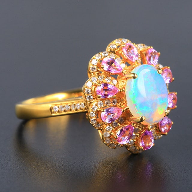 14k Gold 0.94 Ctw Natural Opal & Diamond Ring - 3
