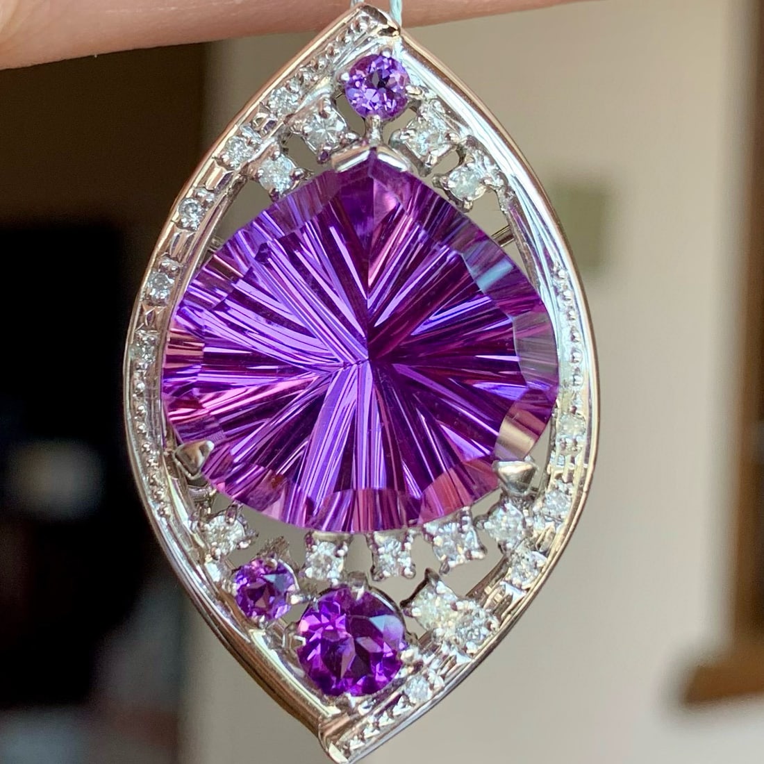 14k Gold 15.37 Ct Natural Amethyst & Diamond Pendant( Without Chain ) - 2