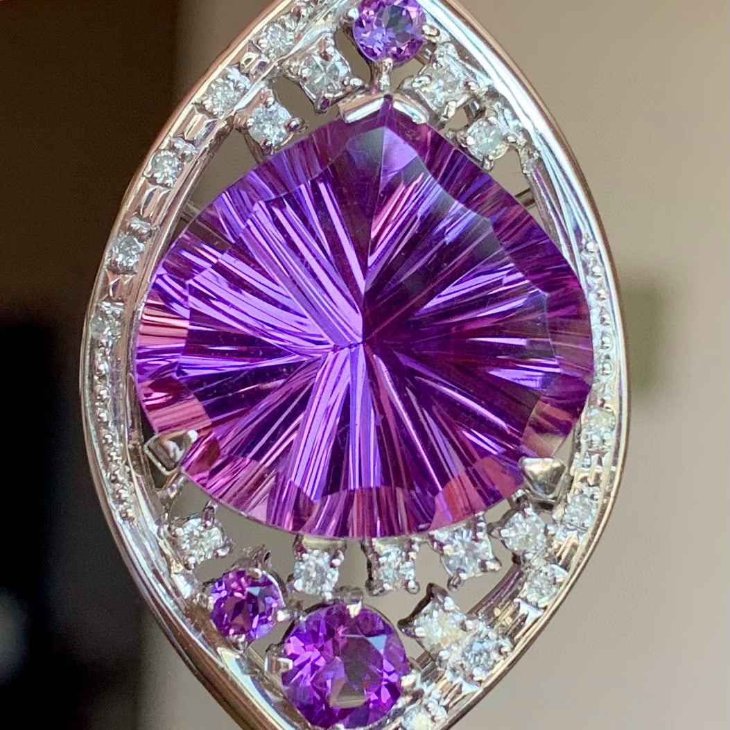 14k Gold 15.37 Ct Natural Amethyst & Diamond Pendant( Without Chain ) - 4