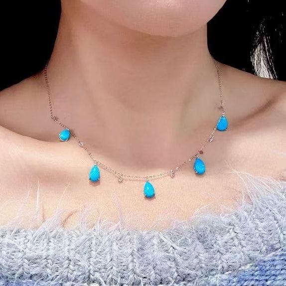 14k Gold 6.48 Ctw Natural Blue Turquoise & Diamond Necklace - 2