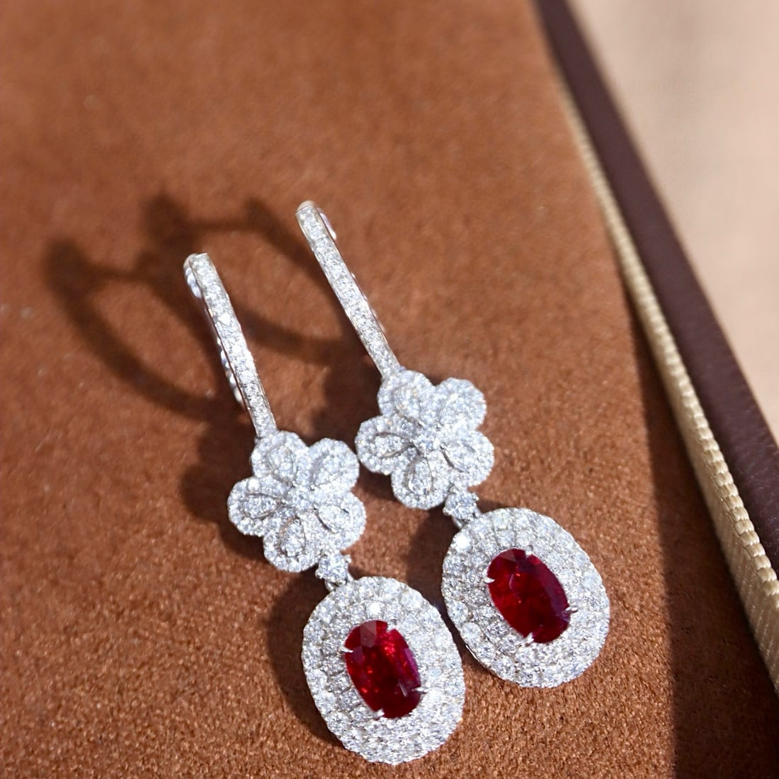 14k Gold 2.19 Ctw Natural Ruby & Diamond Earrings: Ref:231087073 // gold content:14k gold // main gemstone:ruby // shape:oval // carat weight:1. 29ct // color:pigeonblood red // treatment:natural // // adjacent gemstone 2 : diamond // shape:round // c