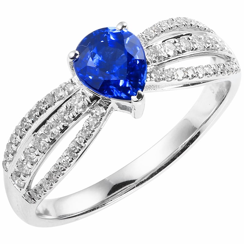 14k Gold 1.34 Ctw Natural Sapphire & Diamond Ring: Ref:231087075 // gold content:14k gold // ring size:7. 25 us // // main gemstone:sapphire // shape:pear // carat weight:1. 06ct // color:cornflower blue // treatment:natural // // adjacent
