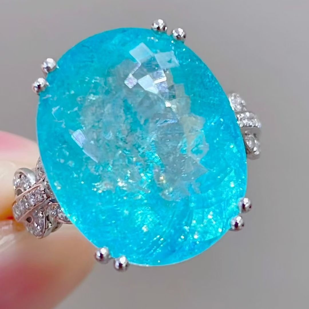 14k Gold 14.13 Ctw Natural Paraiba Tourmaline & Diamond Ring - 2