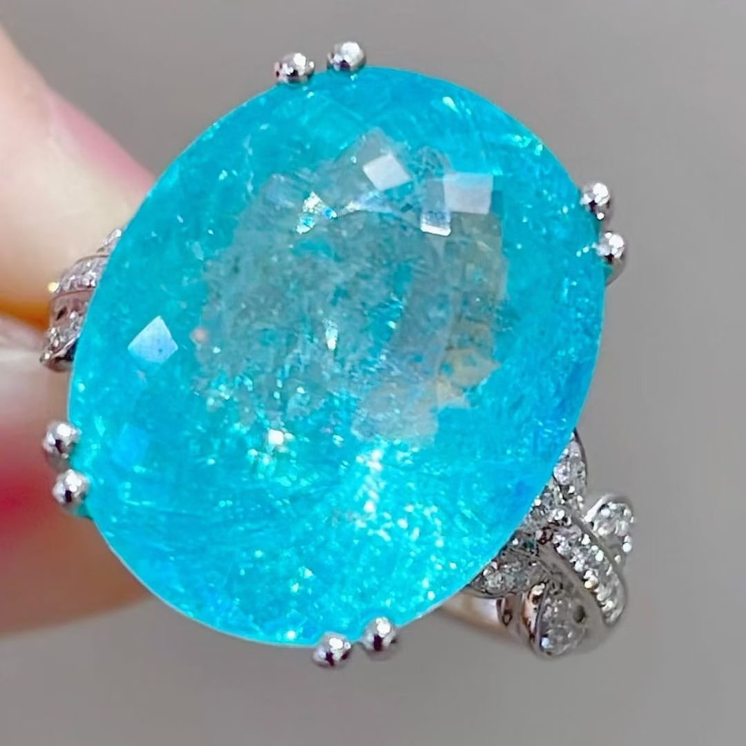 14k Gold 14.13 Ctw Natural Paraiba Tourmaline & Diamond Ring - 3