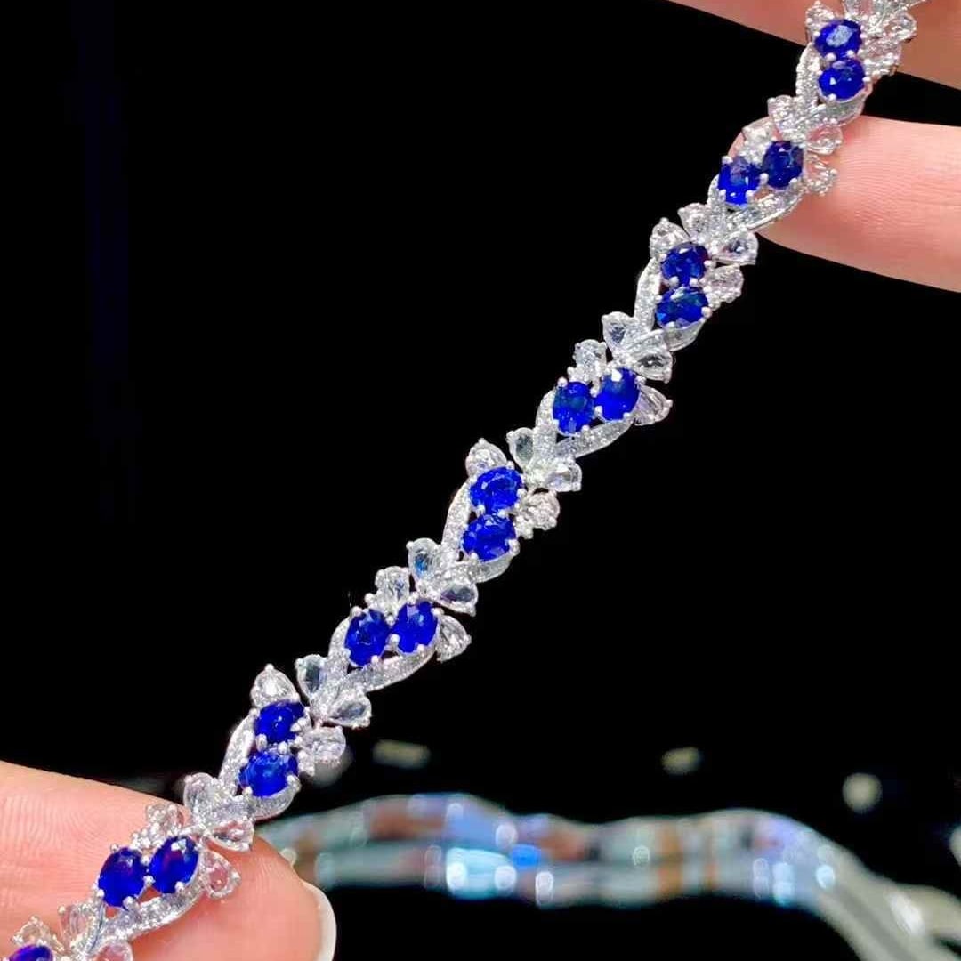 14k Gold 5.9 Ct Natural Sapphire & Diamond & Sapphire Bracelet - 2