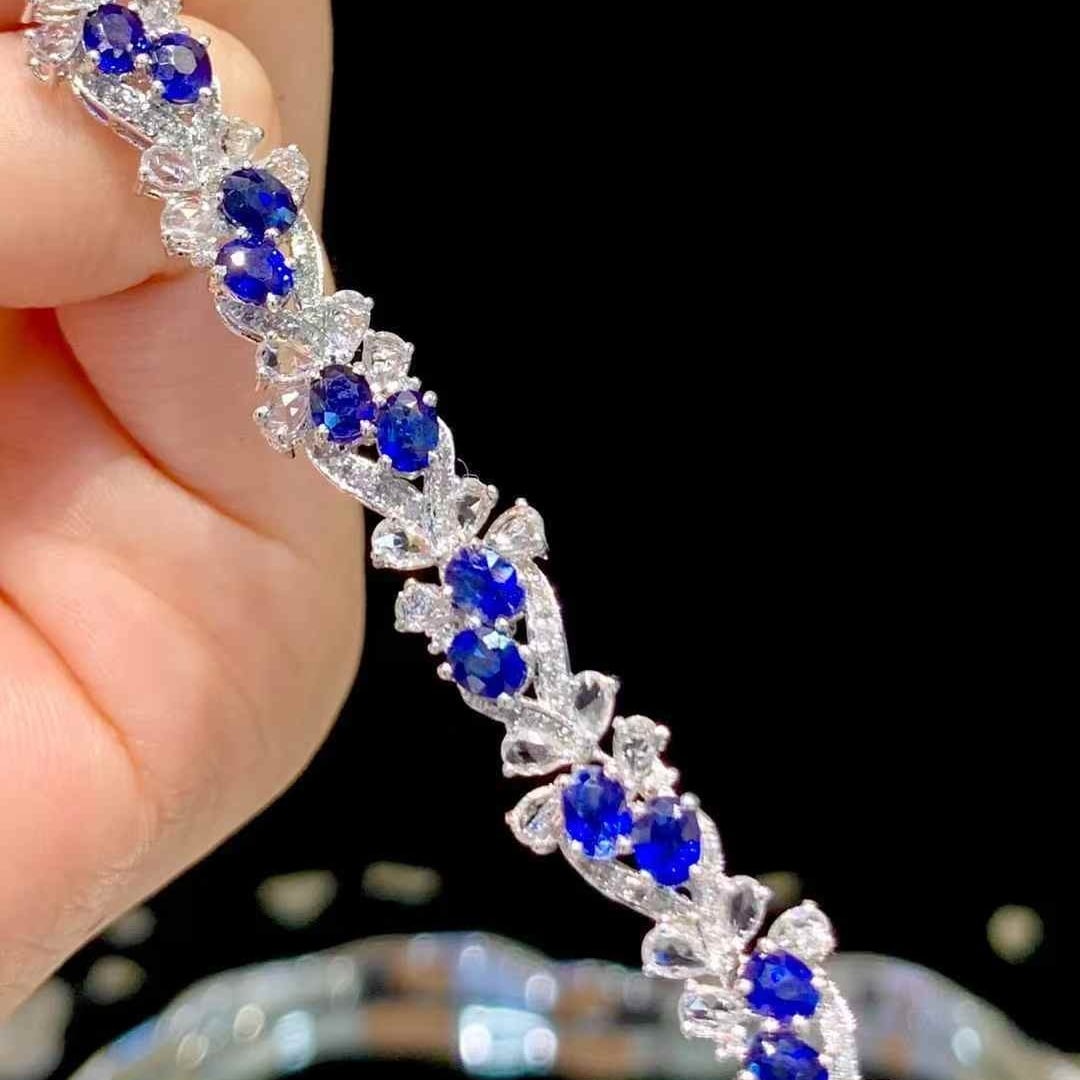 14k Gold 5.9 Ct Natural Sapphire & Diamond & Sapphire Bracelet - 4