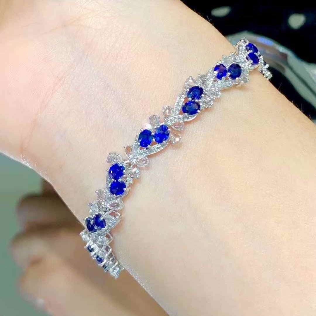 14k Gold 5.9 Ct Natural Sapphire & Diamond & Sapphire Bracelet - 5