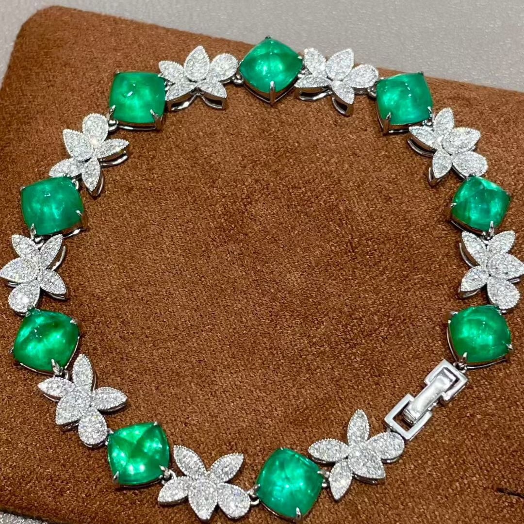 14k Gold 13.56 Ctw Vivid Green Natural Emerald & Diamond Bracelet - 2