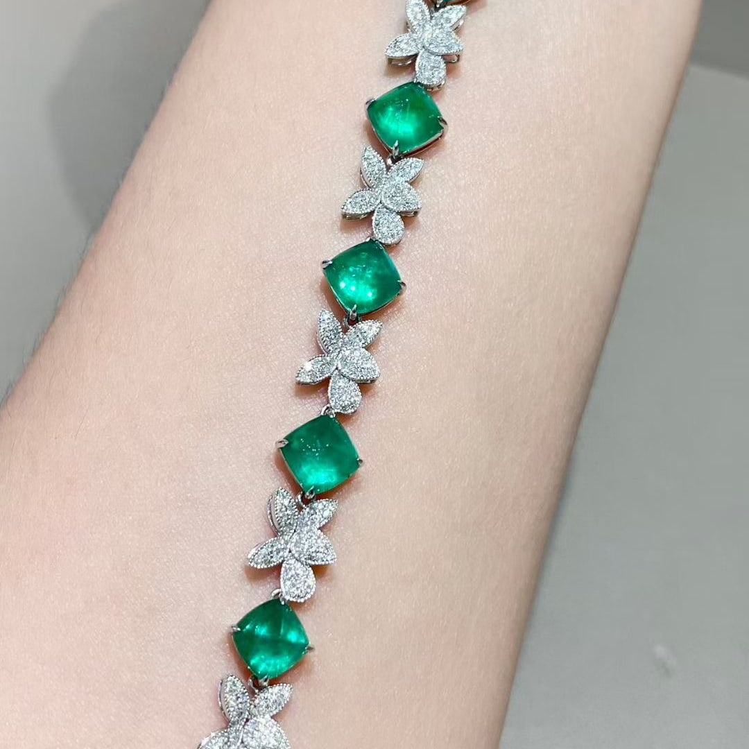 14k Gold 13.56 Ctw Vivid Green Natural Emerald & Diamond Bracelet - 6