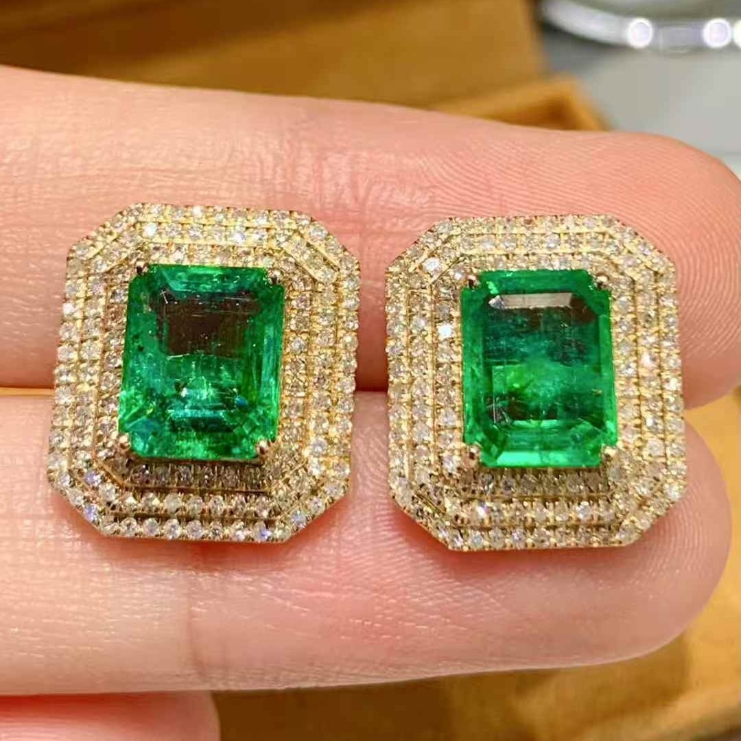 14k Gold 5 Ct Vivid Green Natural Emerald & Diamond Earrings - 2