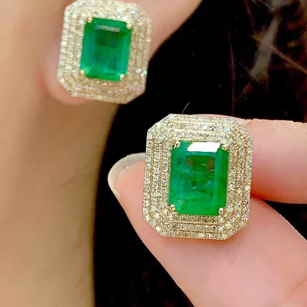 14k Gold 5 Ct Vivid Green Natural Emerald & Diamond Earrings - 3