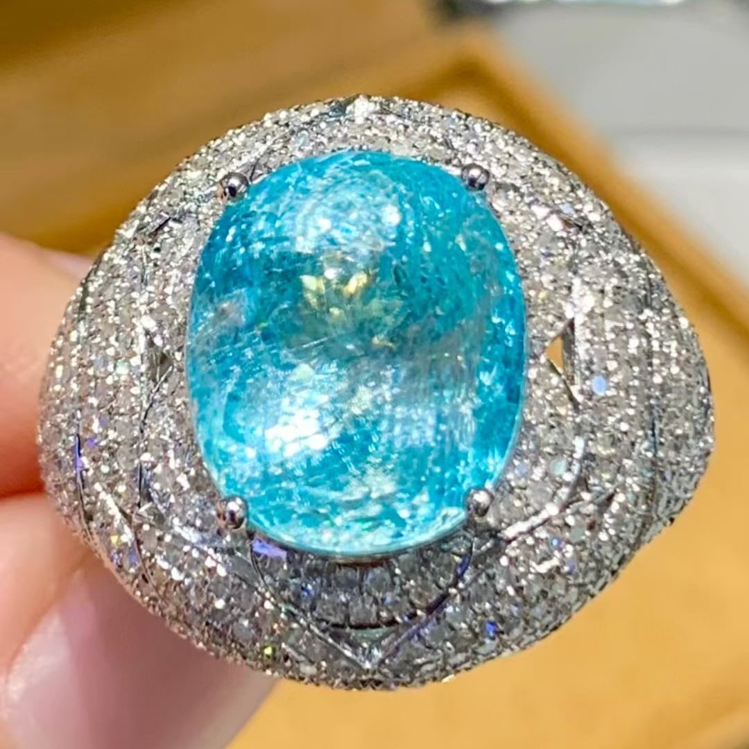 14k Gold 7.19 Ct Natural Paraiba Tourmaline & Diamond Ring - 2