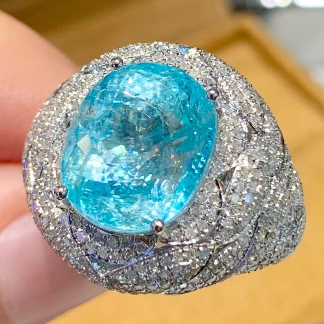 14k Gold 7.19 Ct Natural Paraiba Tourmaline & Diamond Ring - 3