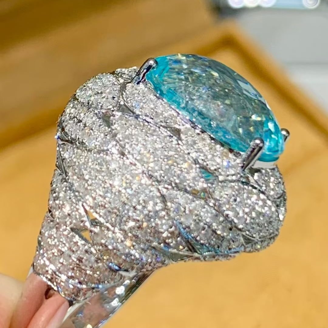 14k Gold 7.19 Ct Natural Paraiba Tourmaline & Diamond Ring - 5